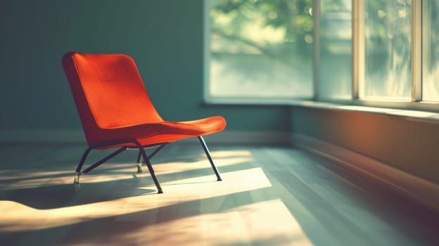 A chair sitting in front of a window with sunlight coming through