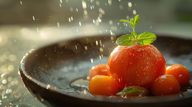 A bowl of tomatoes with a leaf sprouting from the top