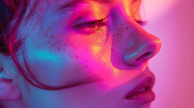 A close up of a woman with freckles and pink hair