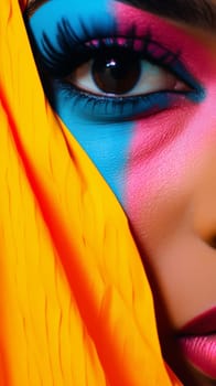 A close up of a woman with colorful makeup and bright eyes