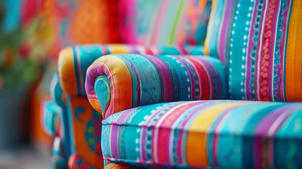 A close up of a colorful chair with bright patterns on it