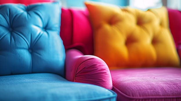 A close up of a colorful couch with pillows on it