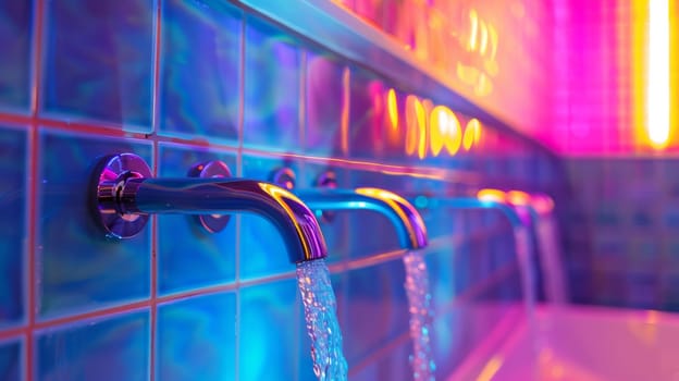 A close up of a bathroom with colorful lights and faucets