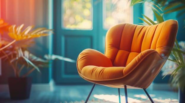 A chair in a room with plants and windows