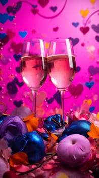 Two glasses of wine are sitting on a table with hearts and flowers