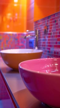 A couple of two bowls sitting on a counter in front of some colorful tiles