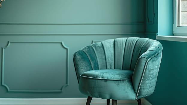 A chair in a room with green walls and windows