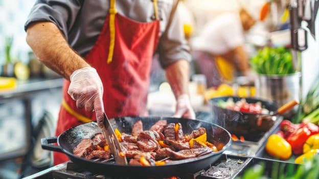 A man cooking food in a wok on the stove top