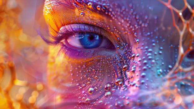 A close up of a woman's face with colorful eyes and hair