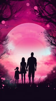 A couple walking hand in hand under a pink sky