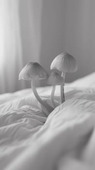 Three mushrooms growing on a bed in front of the window