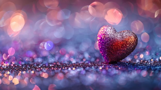 A red heart is sitting on a glittery surface with sparkles