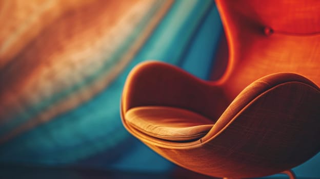 A close up of a chair with orange fabric and blue background