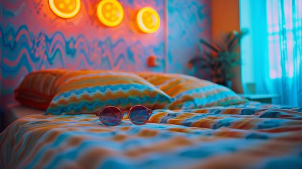 A bed with a colorful patterned blanket and two neon lights