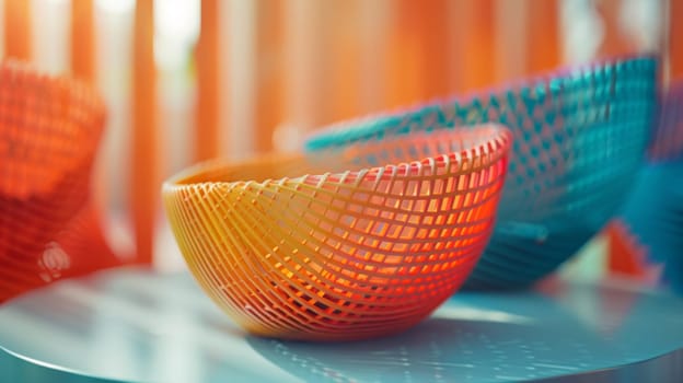 A colorful bowl sitting on a table with other bowls around it