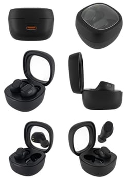 Wireless acoustic headphones, phone accessory, on white background in isolation