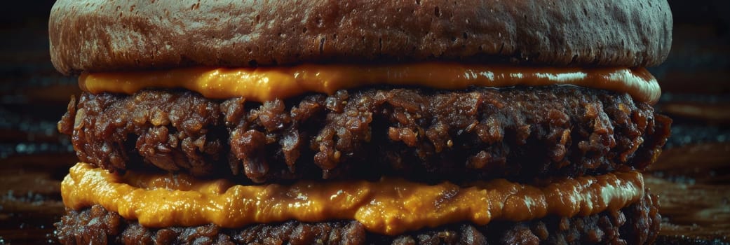 A close up of a large hamburger with cheese and sauce