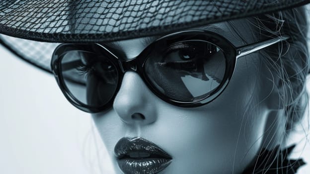 A woman with a hat and sunglasses is wearing lipstick