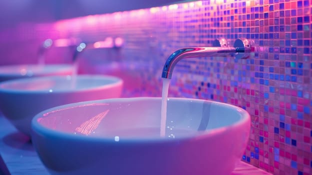 A row of white bowls sitting on a counter with water running through them