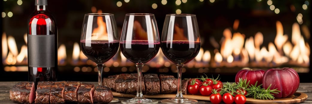 A close up of three glasses filled with wine and a steak