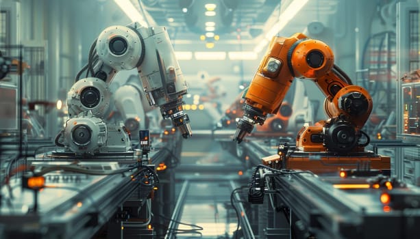 Two robots are working in a factory by AI generated image.