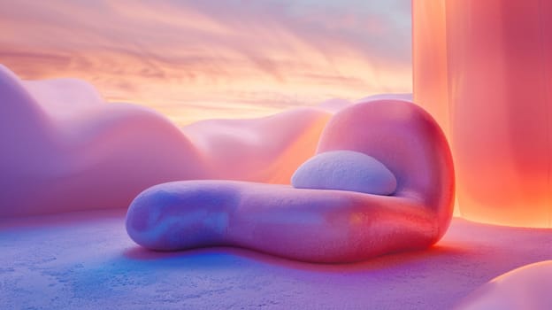 A large pink chair sitting in a field of snow