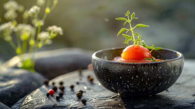 A bowl of food with a tomato and some herbs on top