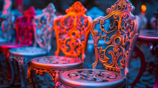 A row of ornate chairs are lined up in a line