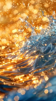 A close up of liquid waves in the ocean with electric blue sparks emerging under the sunlight, creating a beautiful pattern in the water, against a sky and cloud backdrop