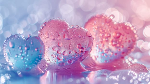 Three hearts are sitting in a bowl of water with drops