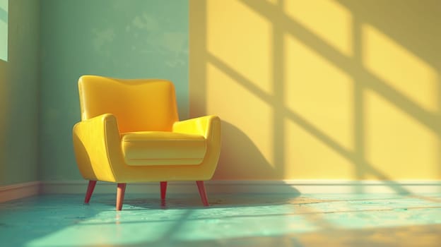 A yellow chair sitting in a room with sunlight coming through the window