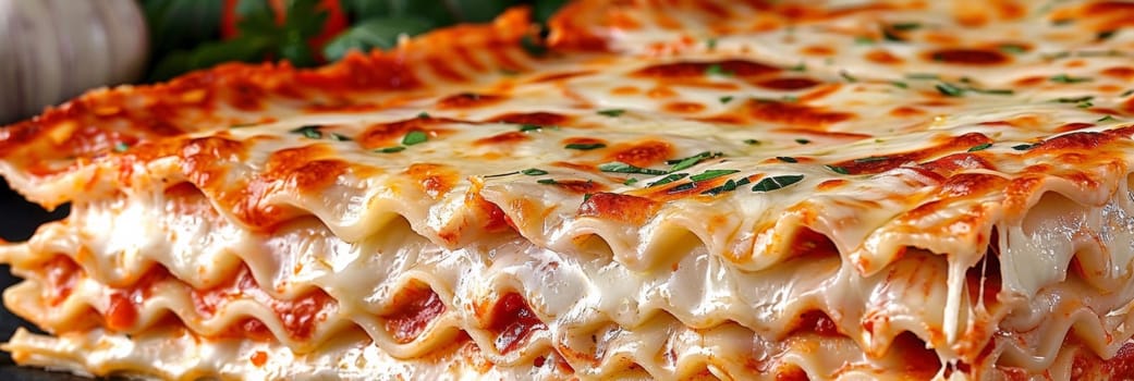 A close up of a large lasagna dish with cheese and garlic