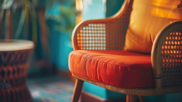 A close up of a chair with an orange cushion on it
