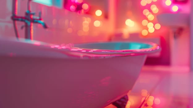 A bathtub with a white tub and pink lights in the background
