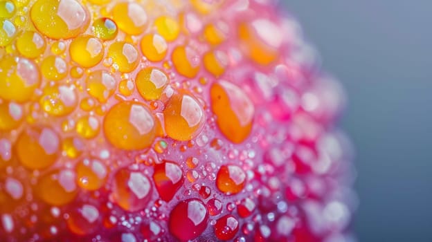 A close up of a colorful fruit with water droplets on it