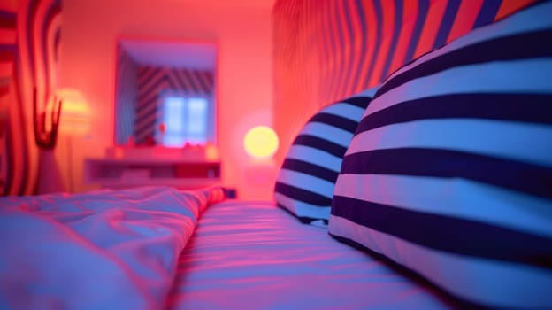 A bed with striped pillows and a blue night light