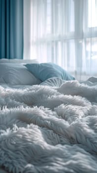 A bed with white sheets and pillows on a sunny day