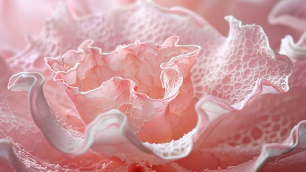 A close up of a pink flower with white frills on it
