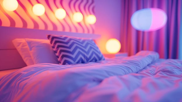 A bed with a chevron patterned pillow and light colored sheets