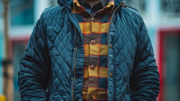 A man in a jacket and plaid shirt standing on the street