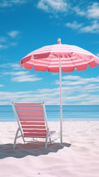 A beach chair and umbrella on a sandy beach with ocean in the background