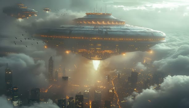 A futuristic city with a large space ship flying over it by AI generated image.