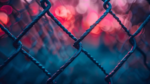 A close up of a chain link fence with some blurry lights in the background