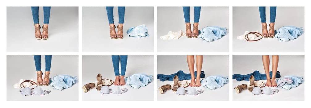 Legs, dressing and clothes on floor, person and collage of process, messy and routine in morning. Denim, jeans and grey background for model, fashion and feet with heels, choice and decision of style.