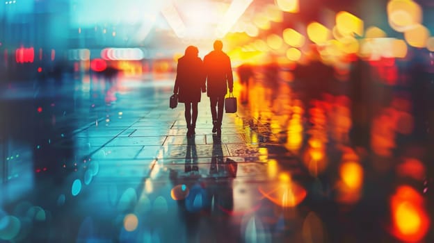 A couple of a man and woman walking down the street