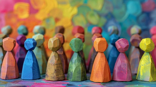 A group of wooden figurines are lined up in a row