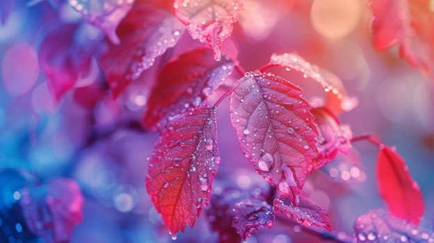 A close up of a colorful leaf with water droplets on it