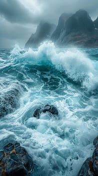 Crashing waves on a rocky coastline under a stormy sky, symbolizing nature's power and beauty.