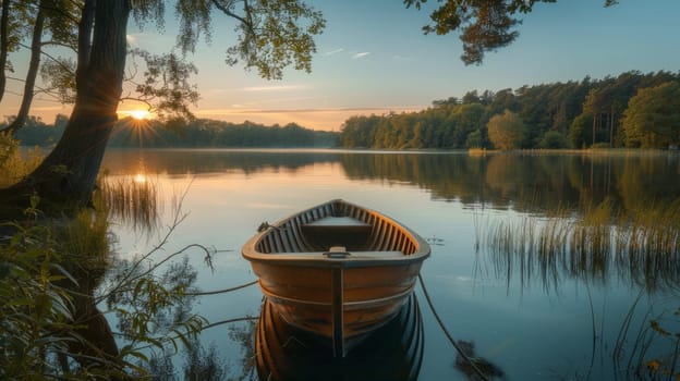 A small boat sitting on a lake at sunset with trees in the background