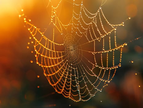 Macro shot of dew on a spider web at dawn, capturing nature's intricate designs.